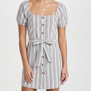 Anthropologie purple snow button up striped dress size medium puff short sleeve